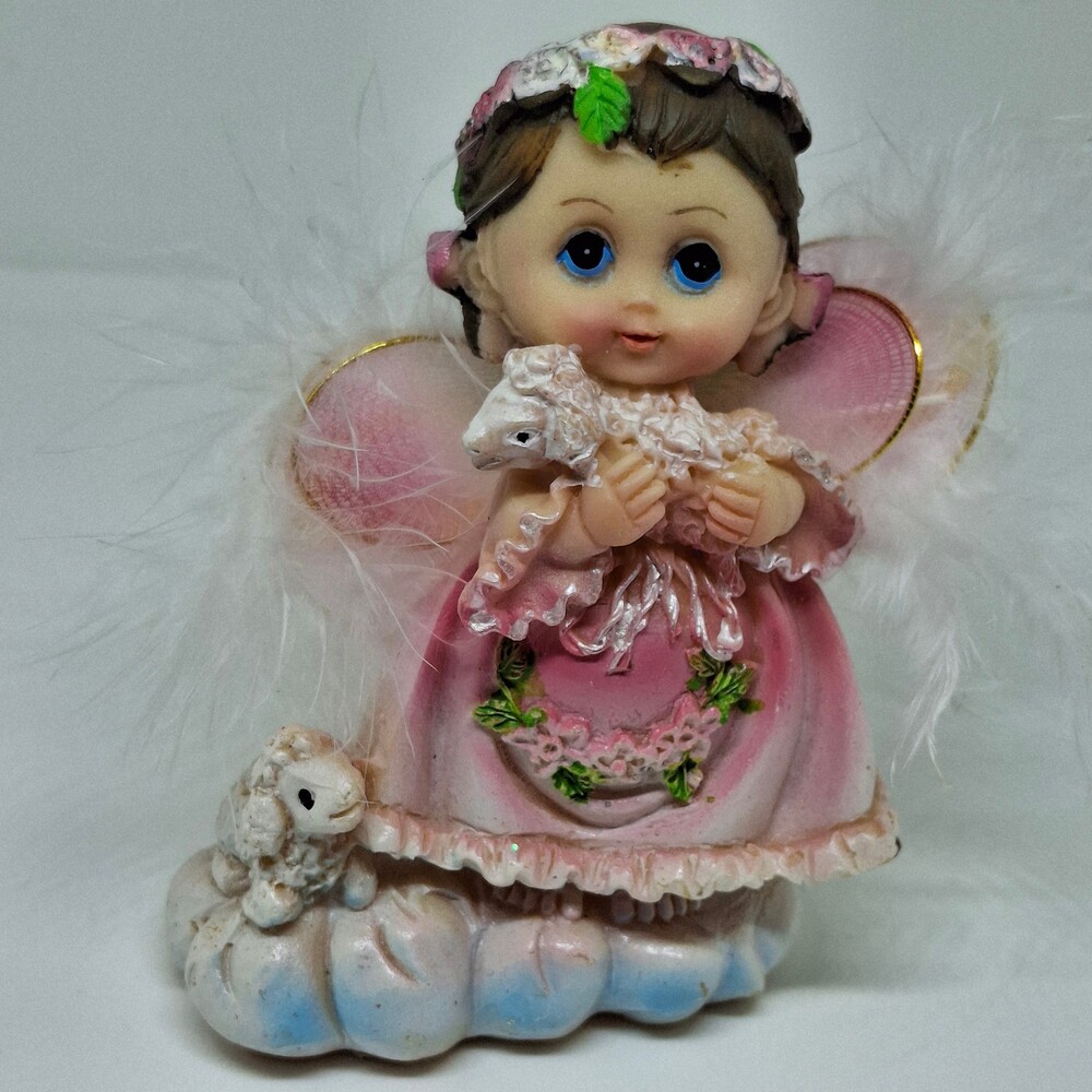 Figurine Girl Holding Lamb Pink Dress Decorative Statue